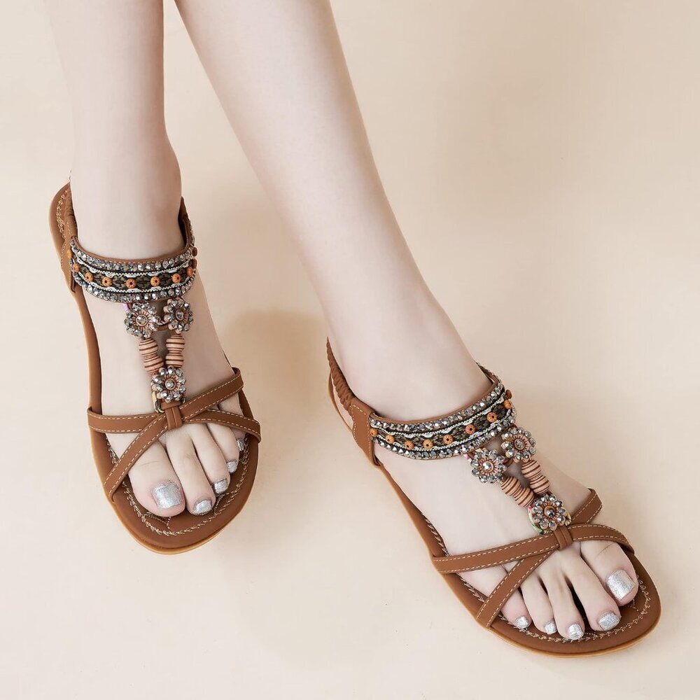 Womens Bohemian Dressy Summer Sandals Rubber Sole Elastic Ankle Strap - Picture 5 of 5